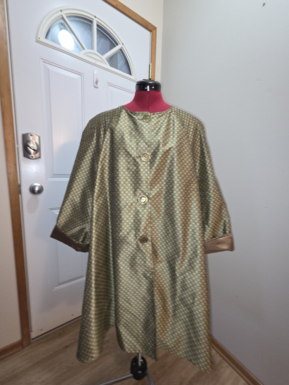 Vintage Green Satin Coat with Gold Buttons